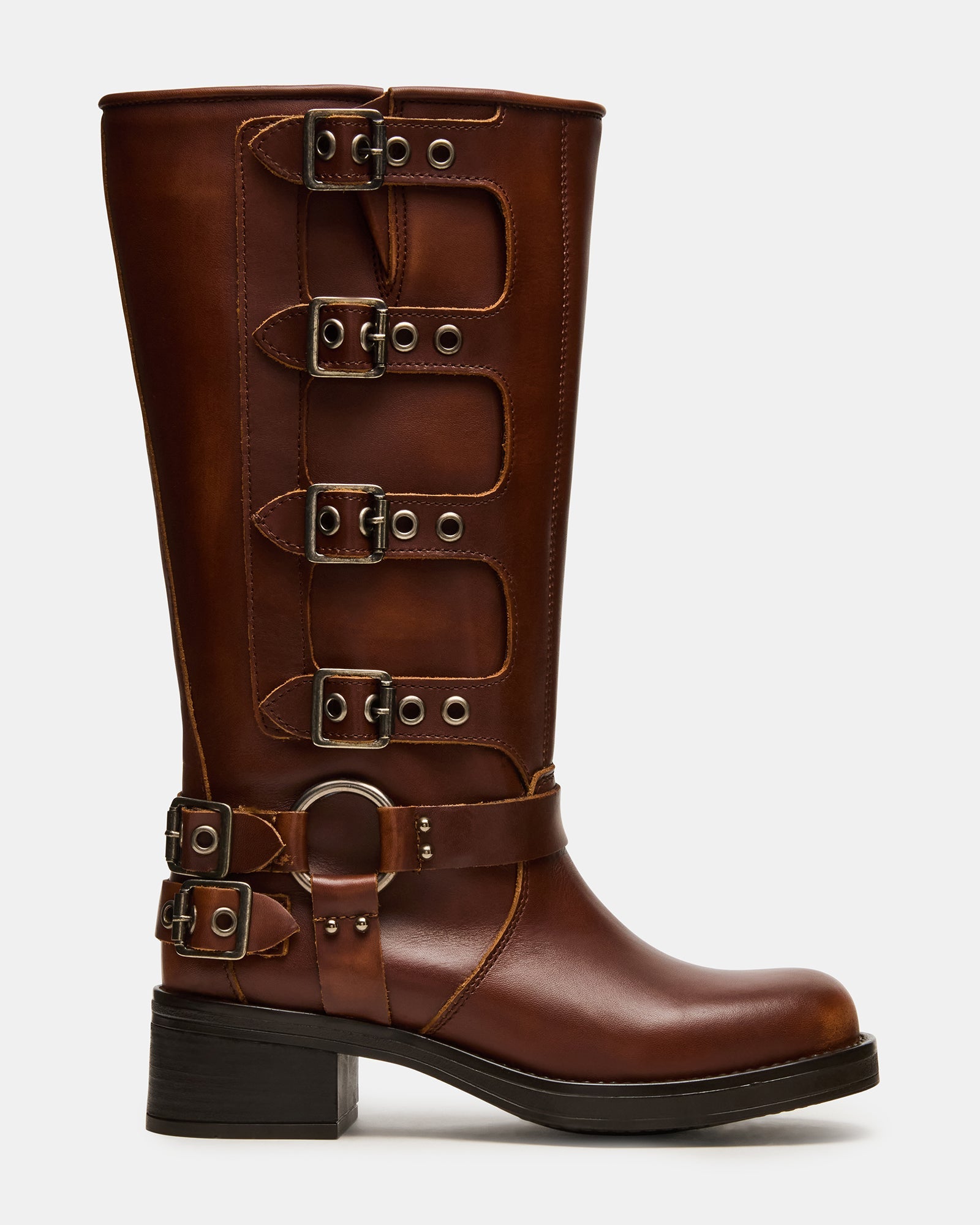 ROCKY Cognac Distressed Wide Calf Knee-High Moto Women's Boot | Steve Madden