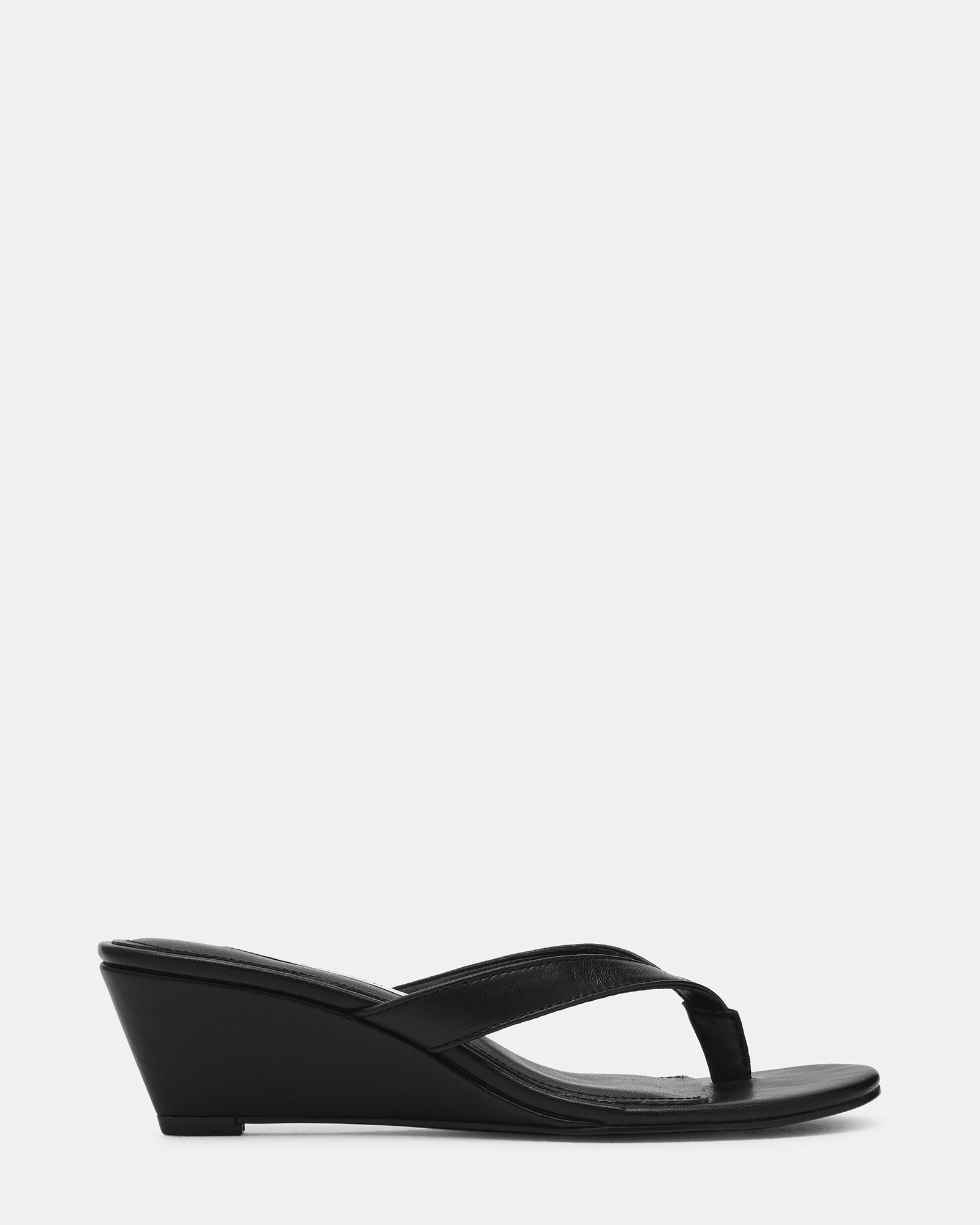 DRAZER Black Leather Thong Wedge Women's Sandal | Steve Madden