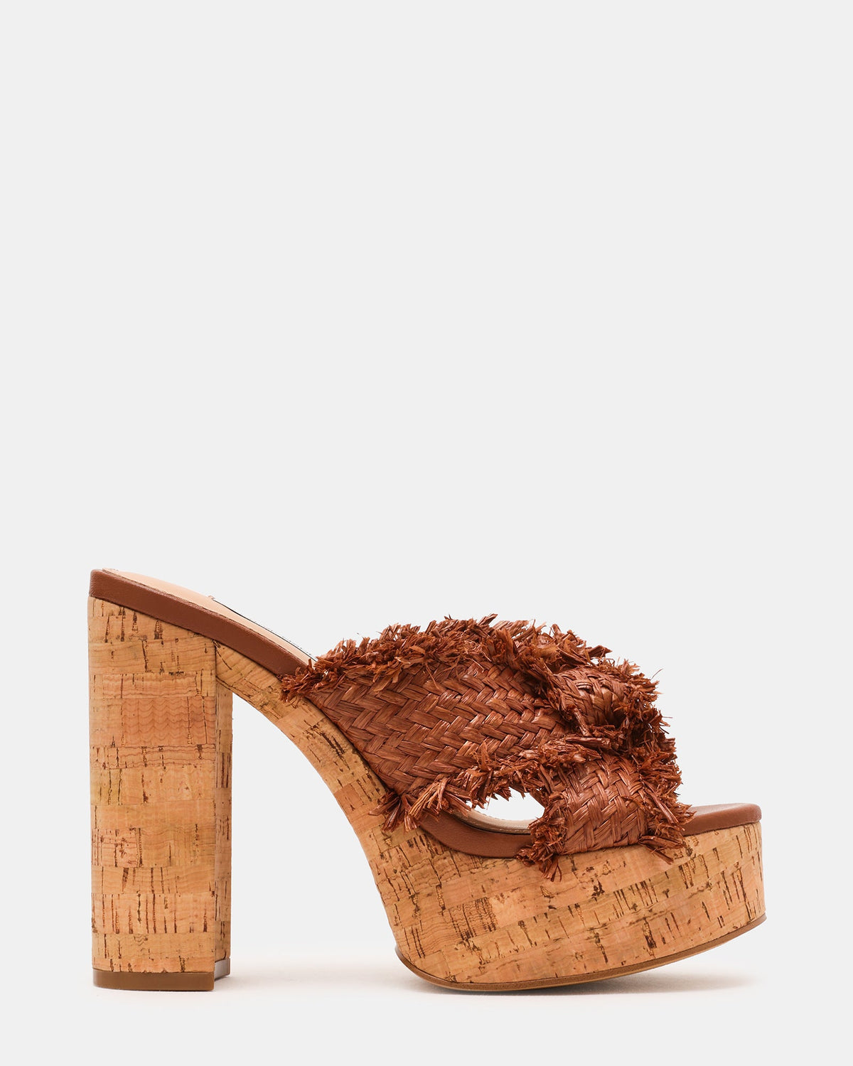 SABLE Cognac Raffia Mule Platform Wood Bottom Women's Block Heel | Steve Madden