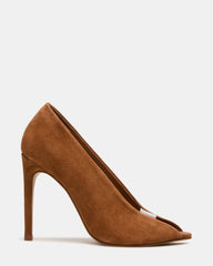 SANTINO Chestnut Suede Open Peep-Toe Stiletto PVC Strap Women's Heel | Steve Madden