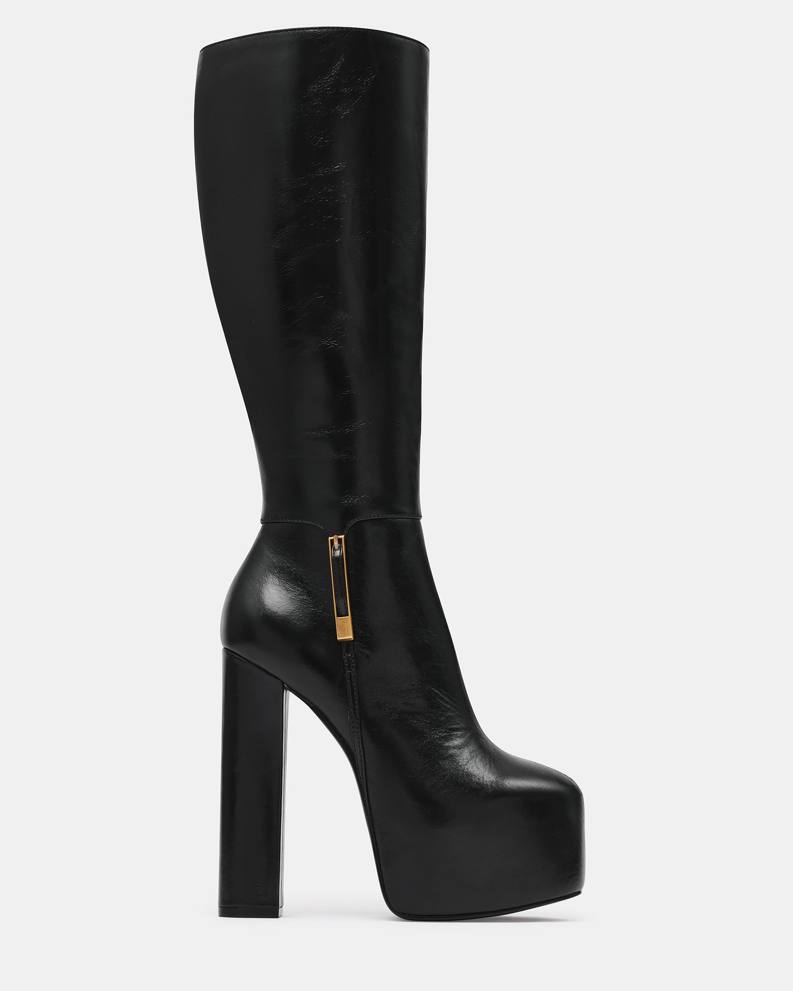 SCORN Black Leather Platform Knee-High Block Heel Women's Boot | Steve Madden