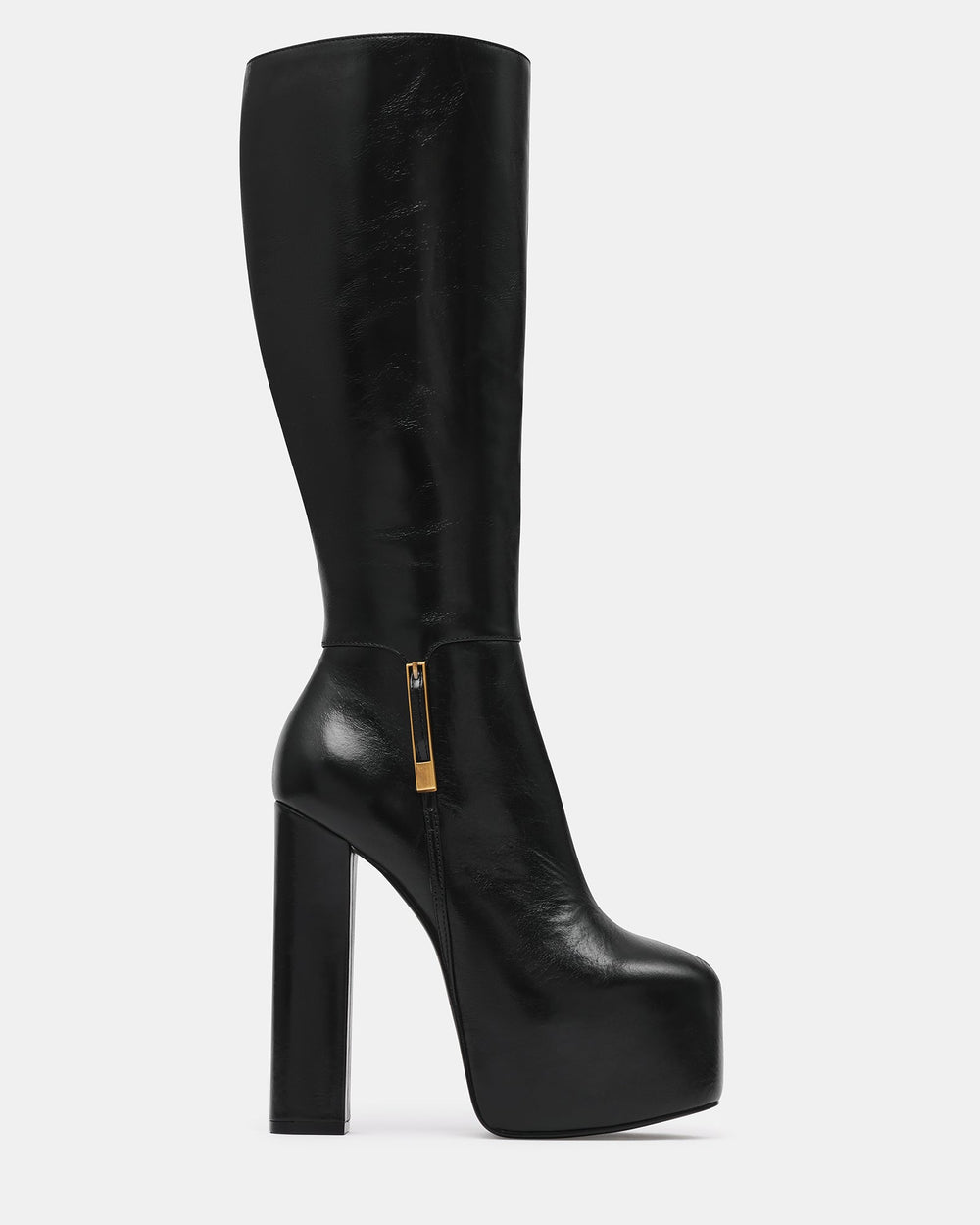 SCORN Black Leather Platform Knee-High Block Heel Women's Boot | Steve Madden