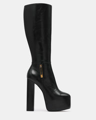 SCORN Black Leather Platform Knee-High Block Heel Women's Boot | Steve Madden