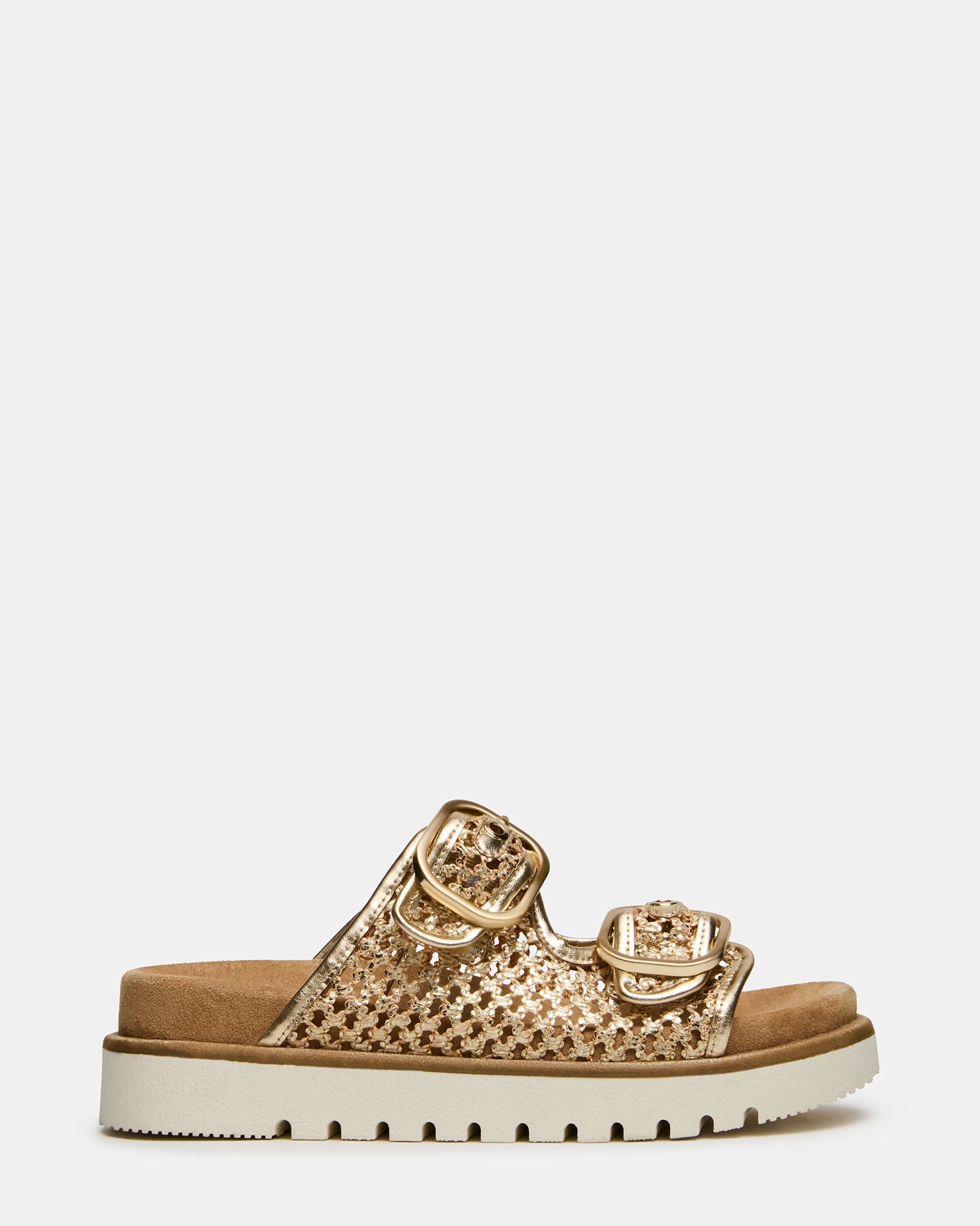 SHELLBY Gold Woven Footbed Slide Platform Women's Sandal | Steve Madden
