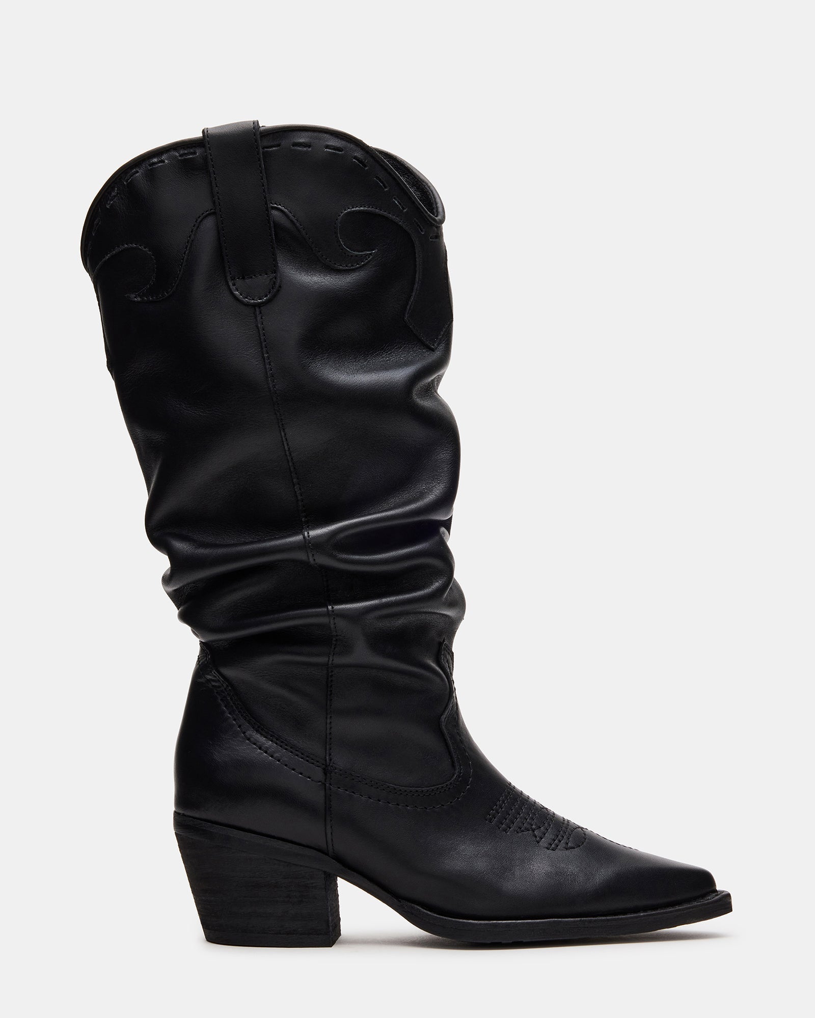 STAGE Black Leather Pointed-Toe Scrunched Western Women's Boot | Steve Madden