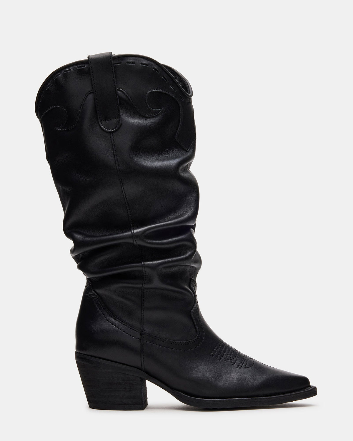 STAGE Black Leather Pointed-Toe Scrunched Western Women's Boot | Steve Madden