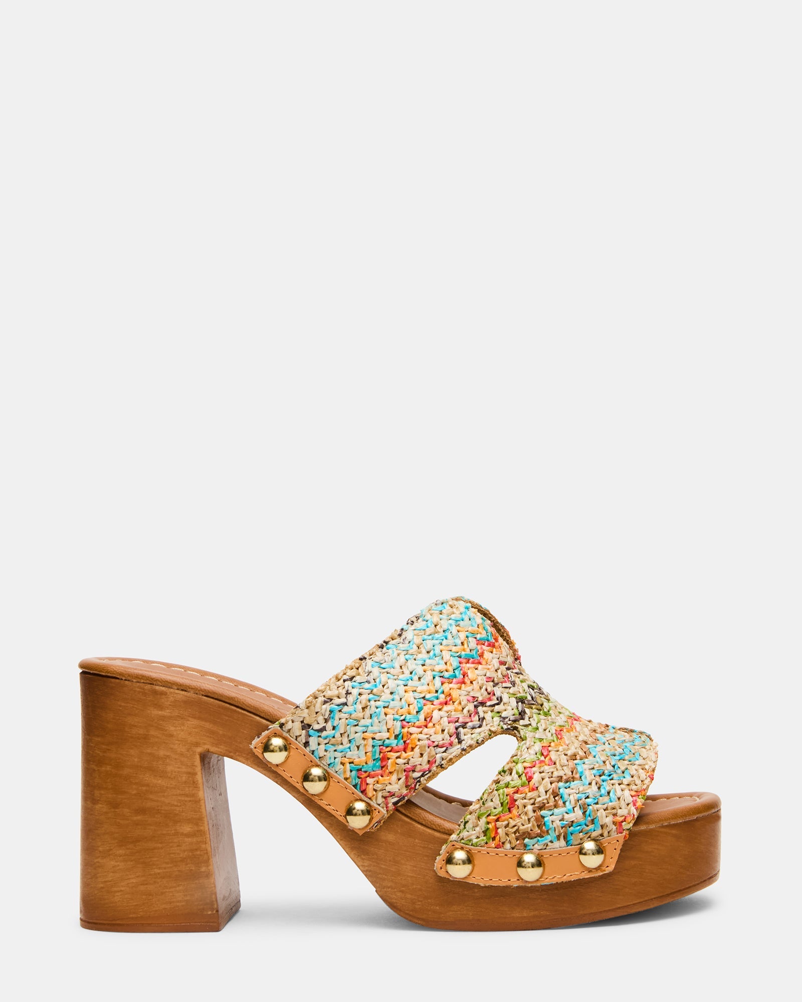 SUNKISSED Multi Raffia Platform Block Heel Studded Women's Sandal | Steve Madden