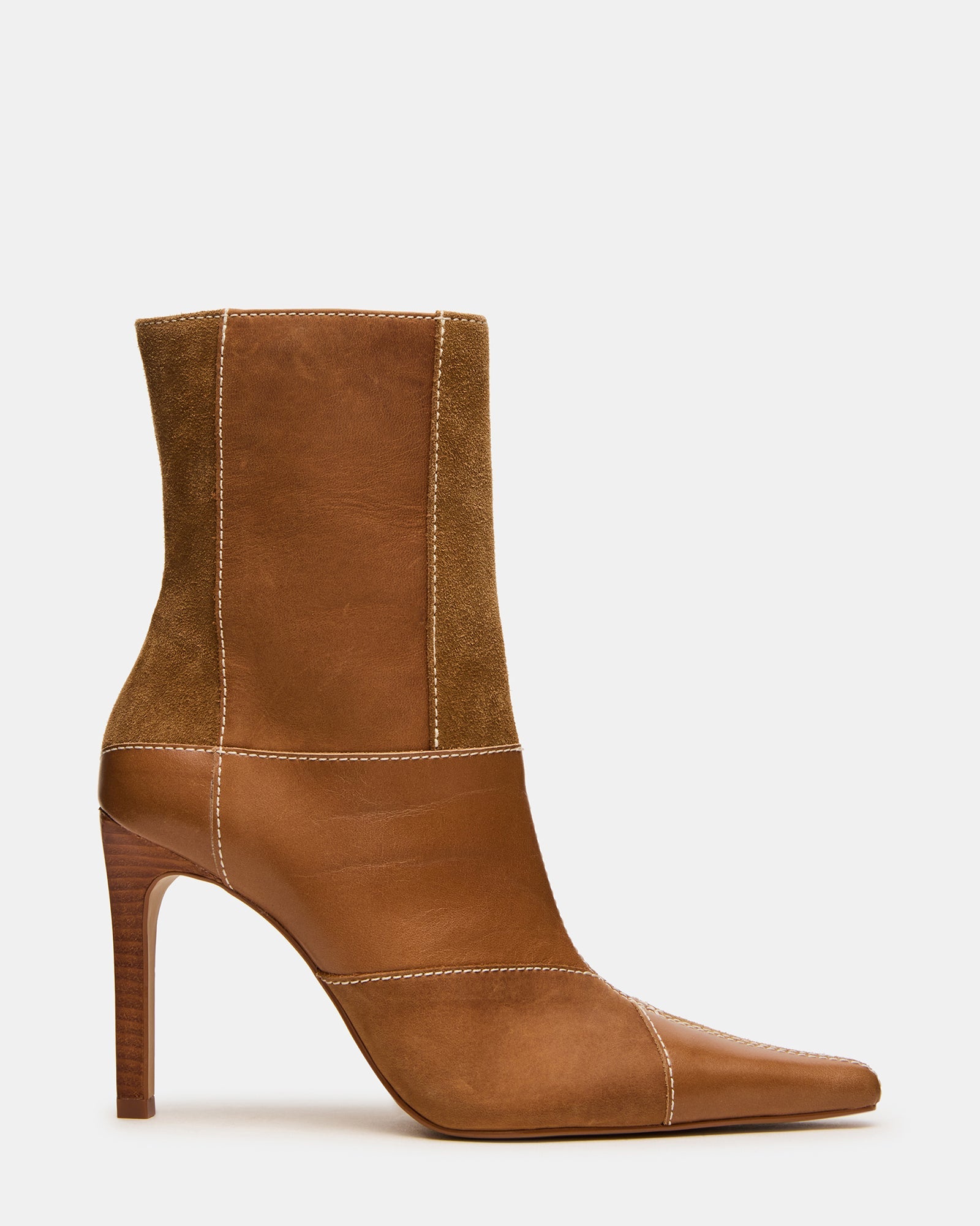 TRIAL Vintage Tan Patchwork Pointed-Toe Stiletto Women's Ankle Boot | Steve Madden