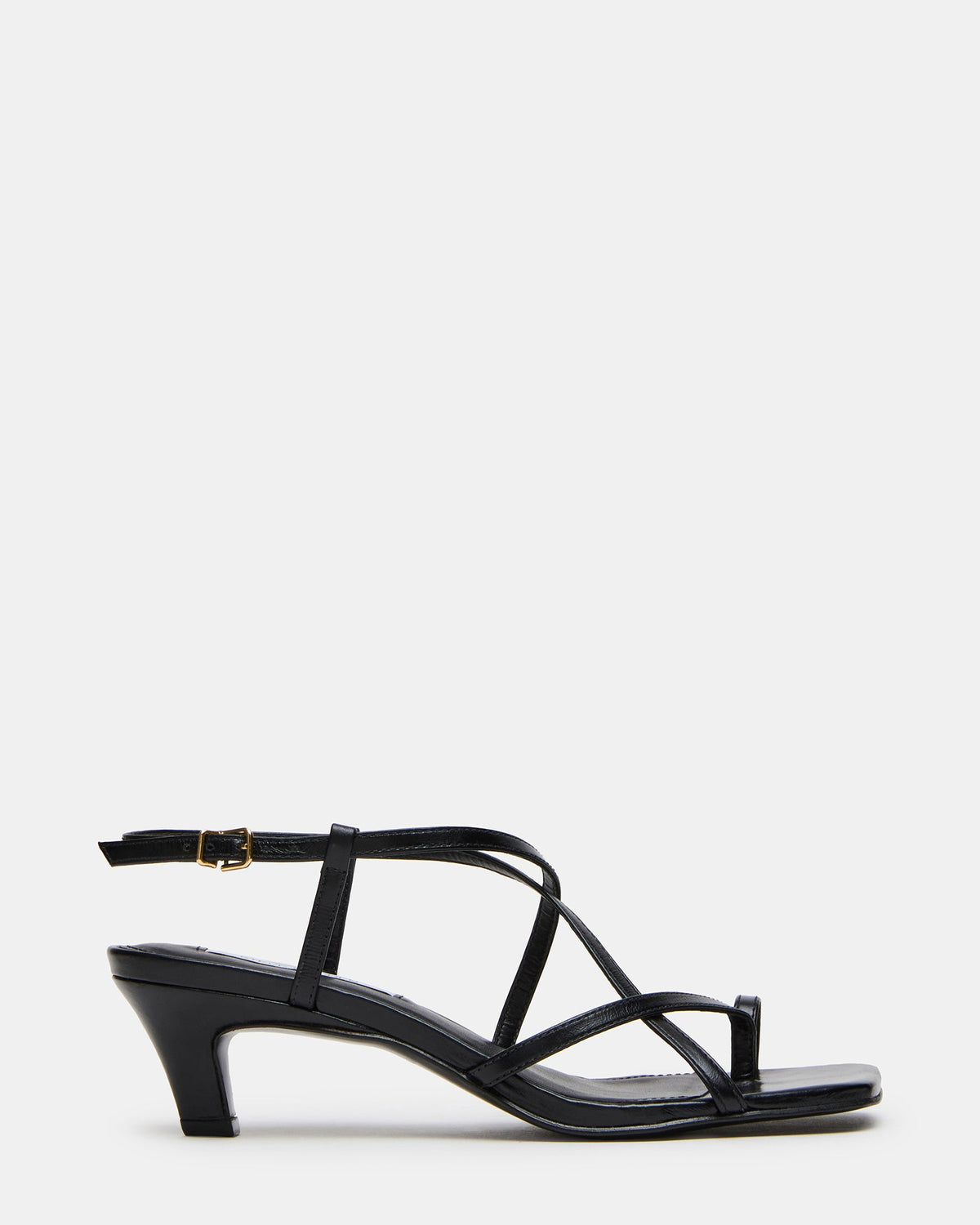 TRIANA Black Leather Strappy Square-Toe Thong Women's Kitten Heel | Steve Madden