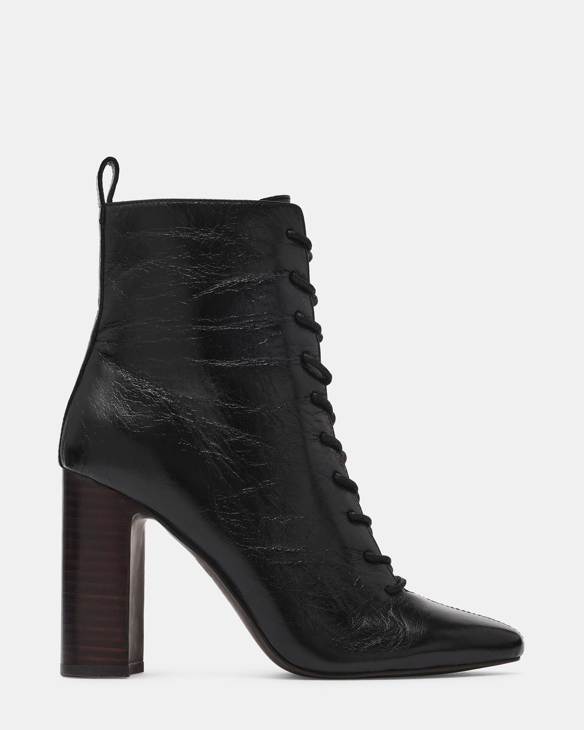TRIXX Black Leather Lace-Up Block Heel Women's Ankle Boot | Steve Madden
