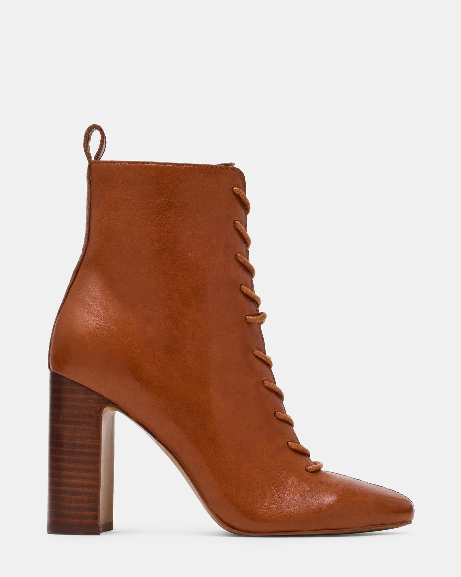 TRIXX Cognac Leather Lace-Up Block Heel Women's Ankle Boot | Steve Madden