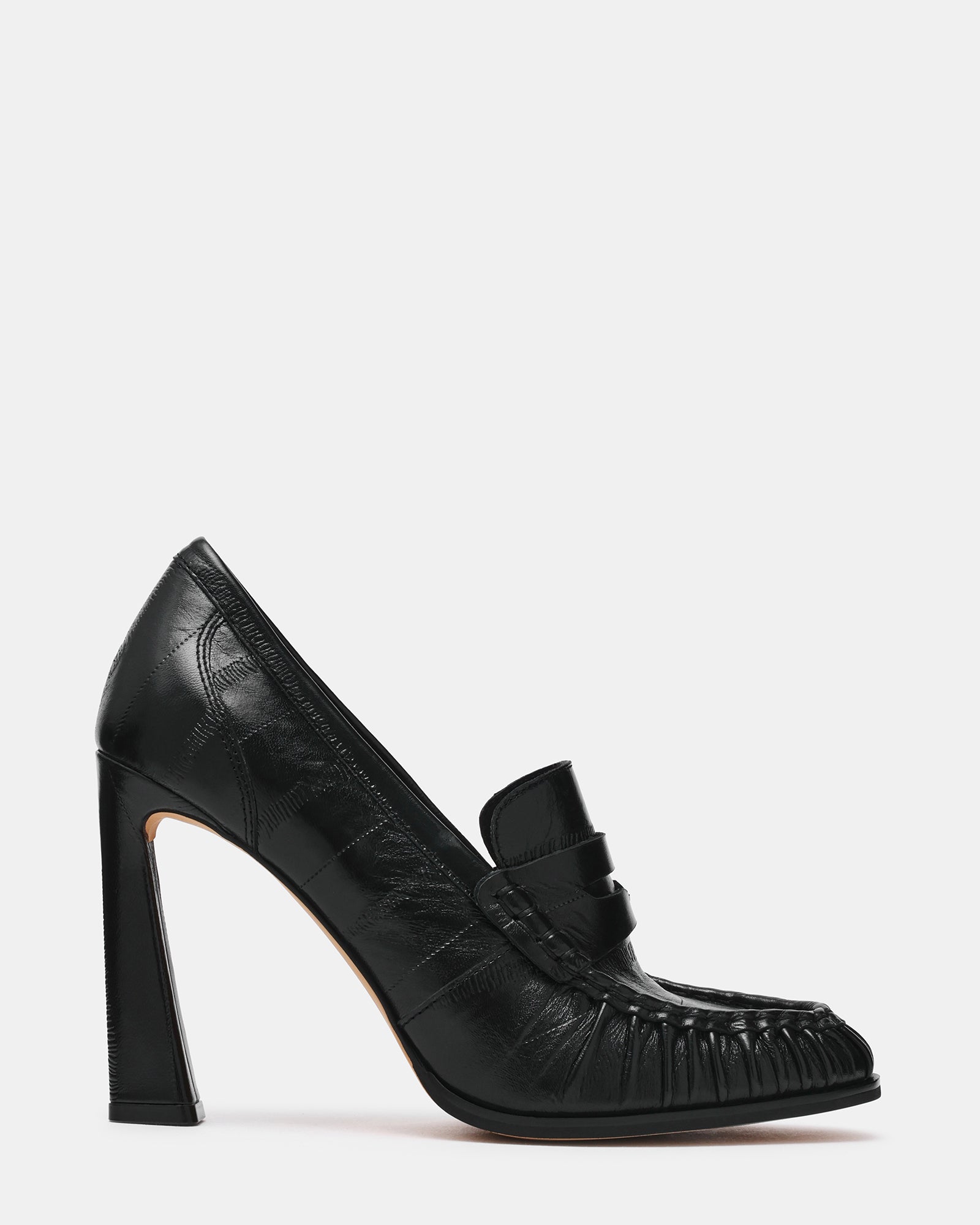 WALLACE Black Eel Penny Loafer-Inspired Scrunched Women's Heel | Steve Madden