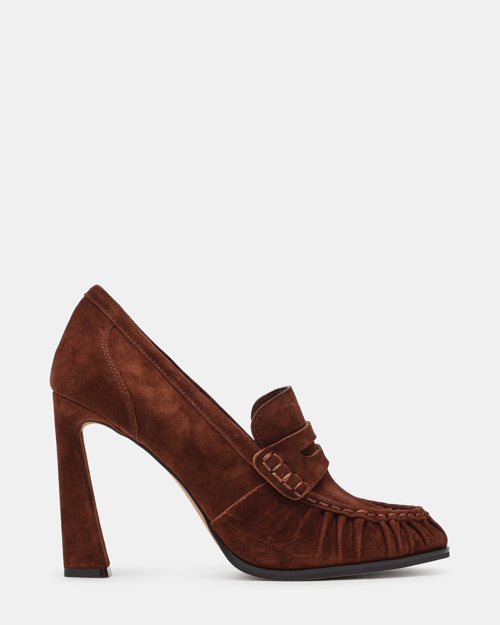 WALLACE Umber Suede Penny Loafer-Inspired Scrunched Women's Heel | Steve Madden