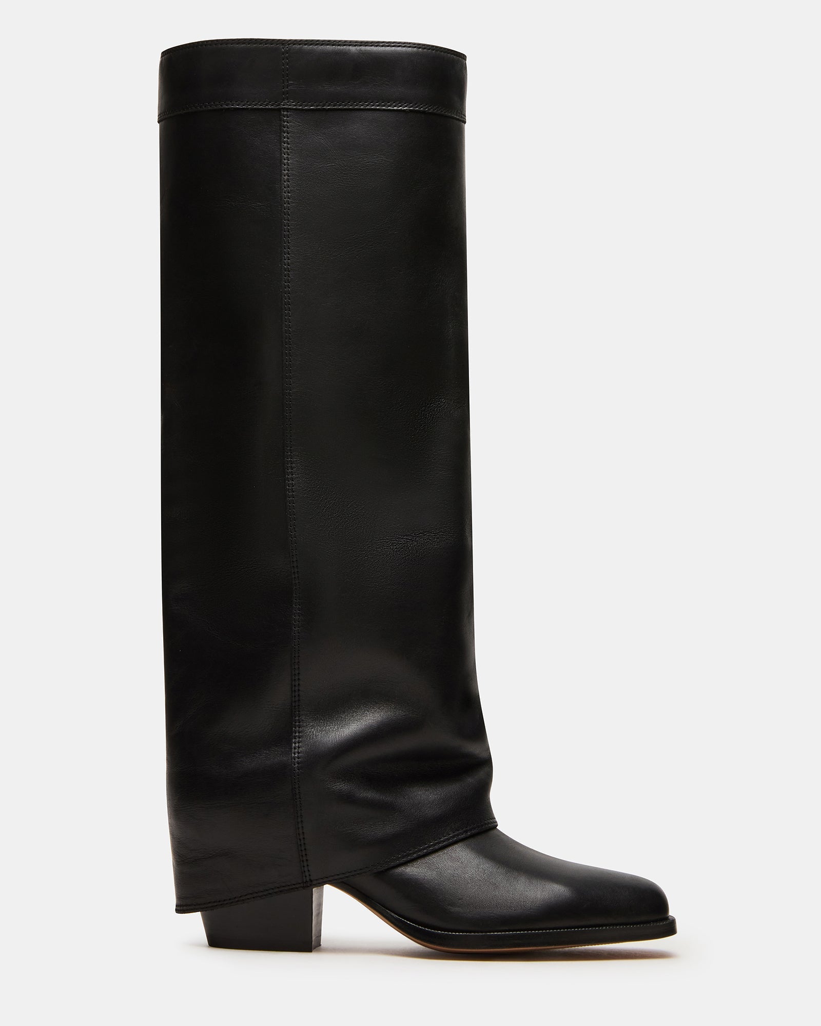 WINNICK Black Leather Knee-High Cuffed Fold-Over Block Heel Women's Boot | Steve Madden