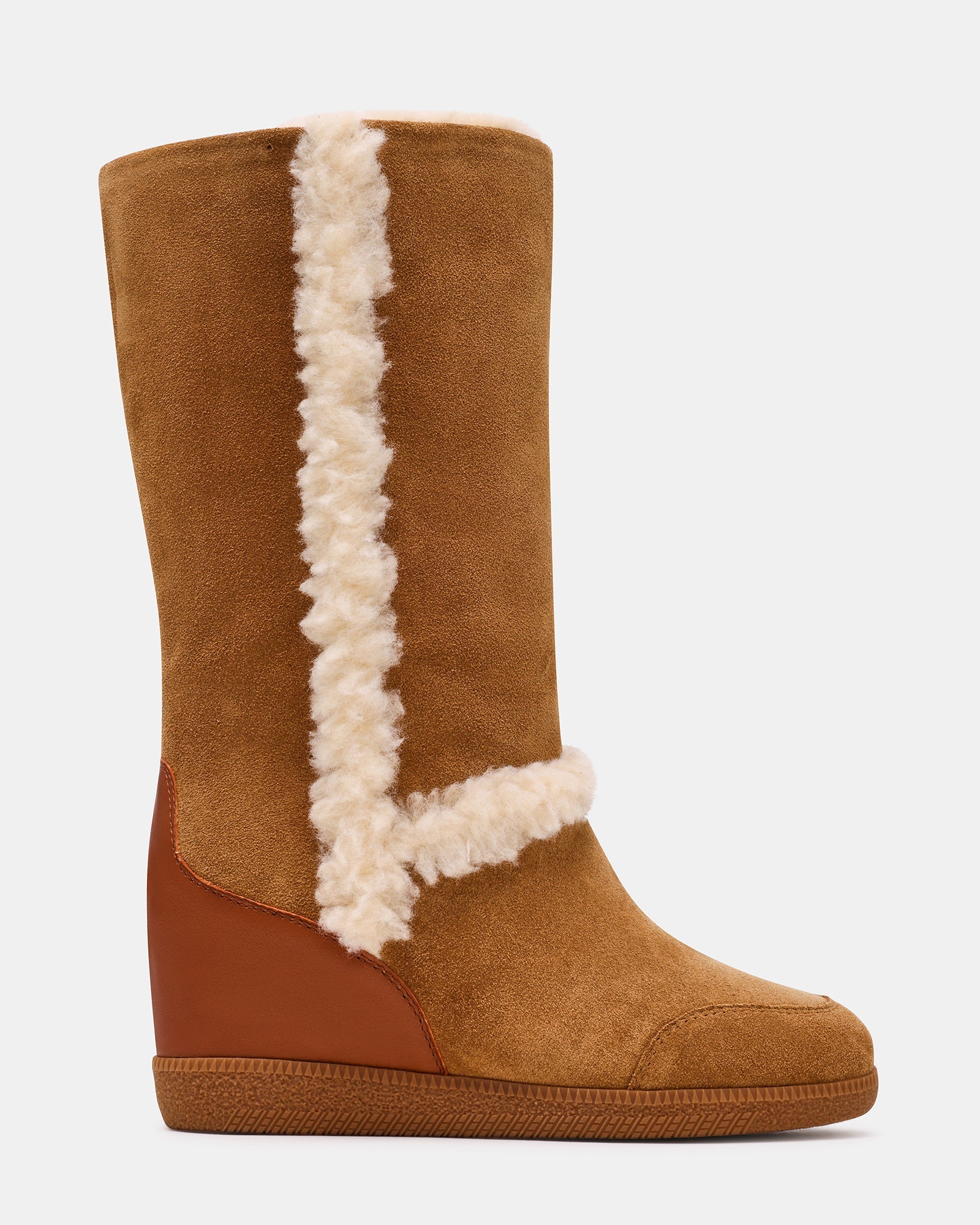 WOODSIDE Faux Fur Chestnut Suede Fold-Over Wedge Women's Boot | Steve Madden